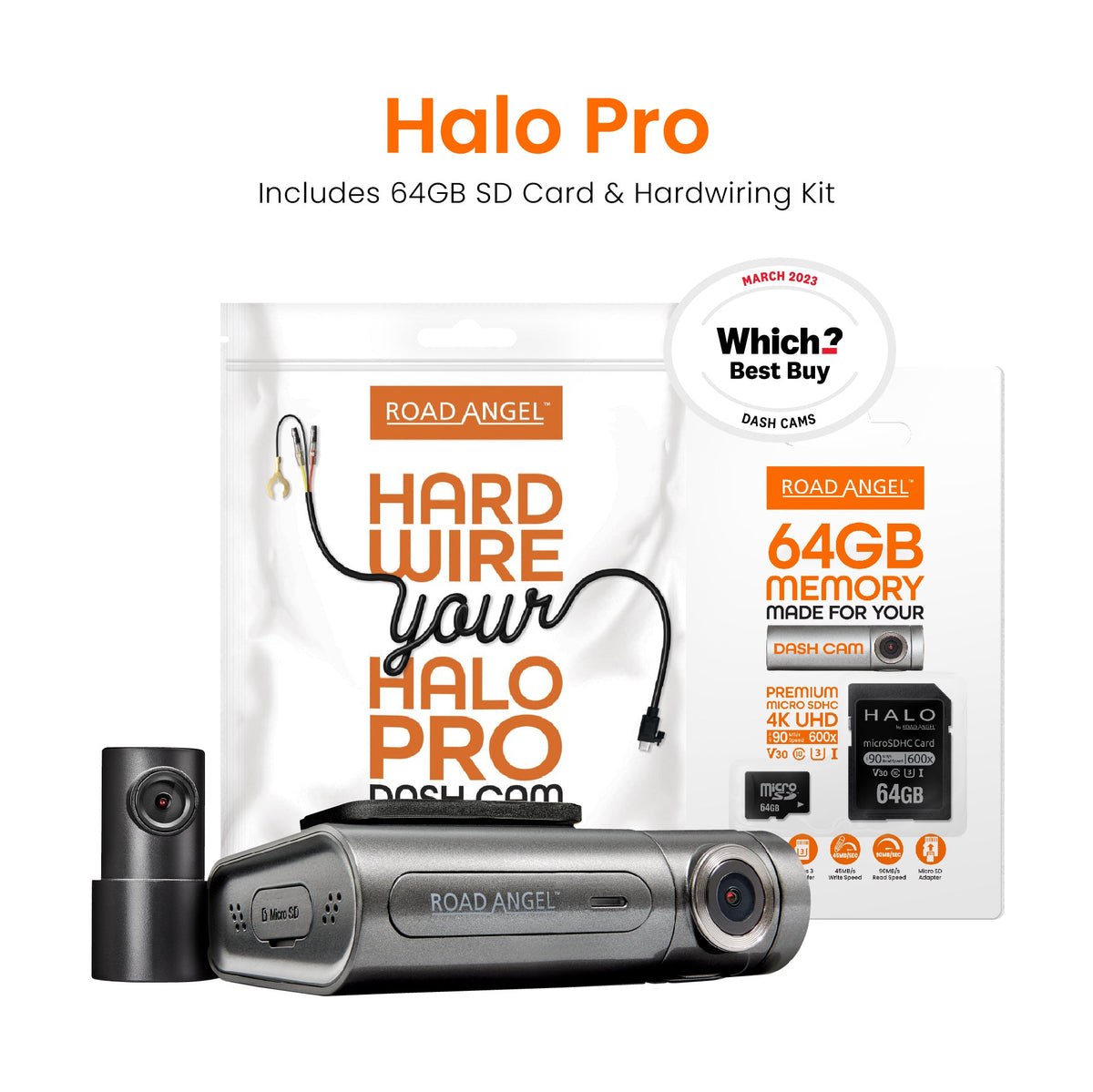 Road Angel Halo Pro Vordere und hintere Dashcam mit SD-Karte und Kabelsatz im Paket