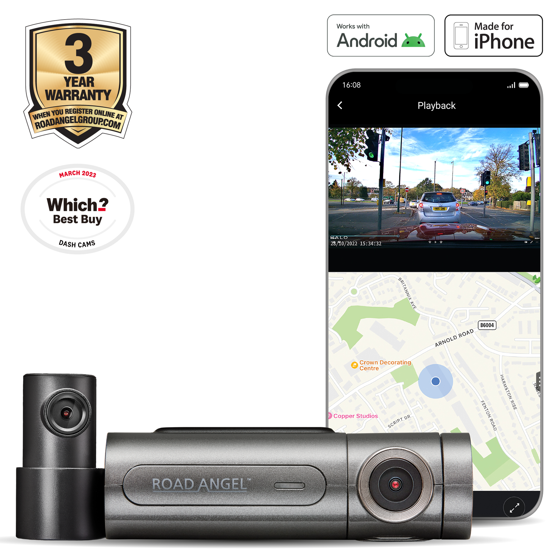 Road Angel Halo Pro 2K-Dashcam vorne und 1K hinten mit Dual-Parkmodus
