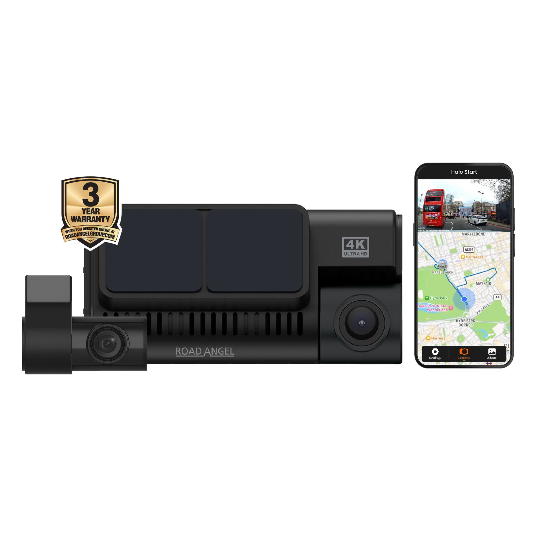Road Angel Halo Ultima 4K Dual Dashcam mit Parkmodus und Schnellverschlusshalterung