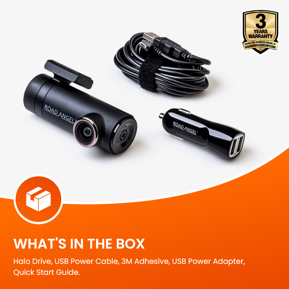 Road Angel Halo Drive 2 2K Compact Dashcam avec carte SD et câbles dans le paquet