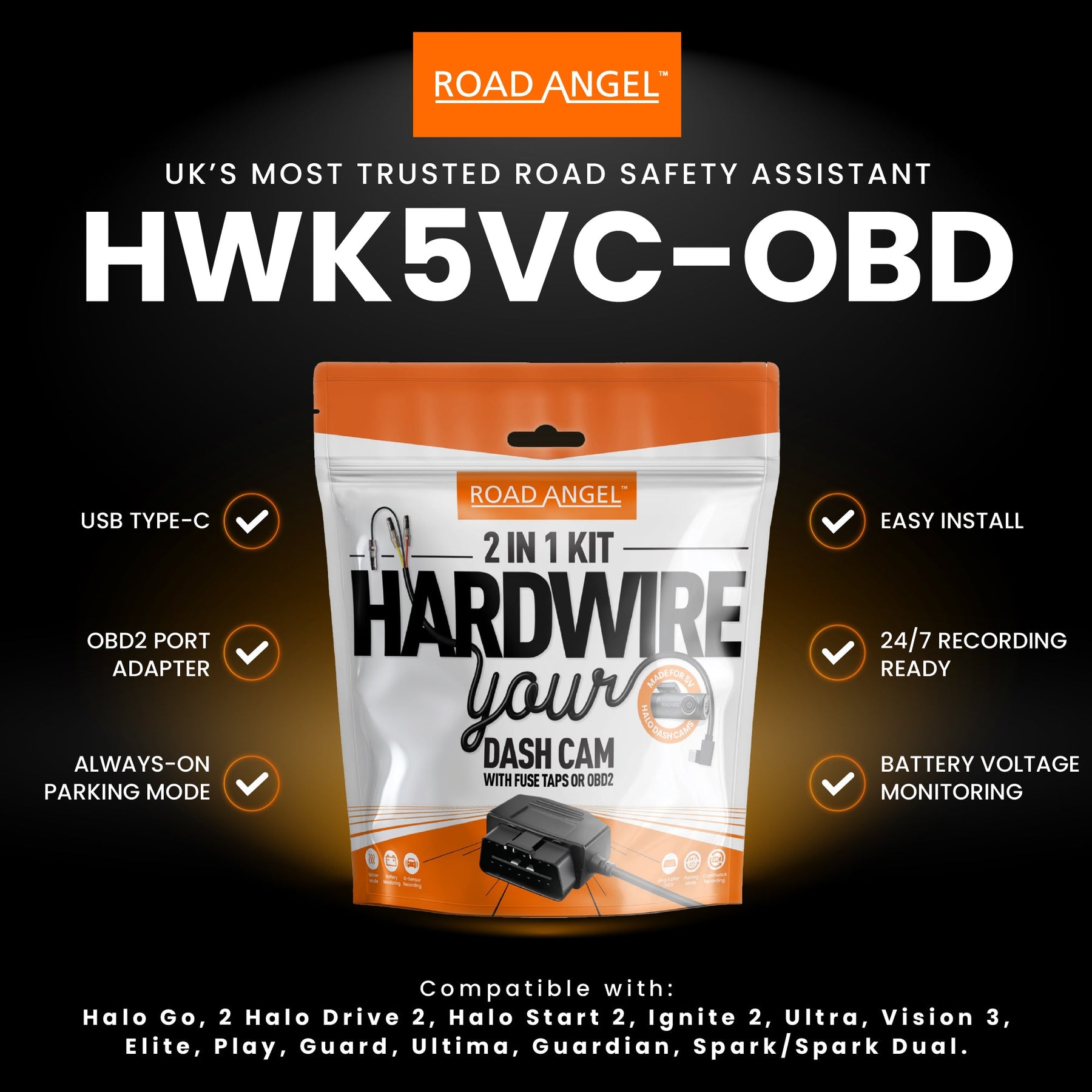 NEW - HWK5VC-OBD Road Angel Halo Dash Cam 5V 2-in-1 Hardwire Kit- USB Type-C, Fuse Taps & OBD 2